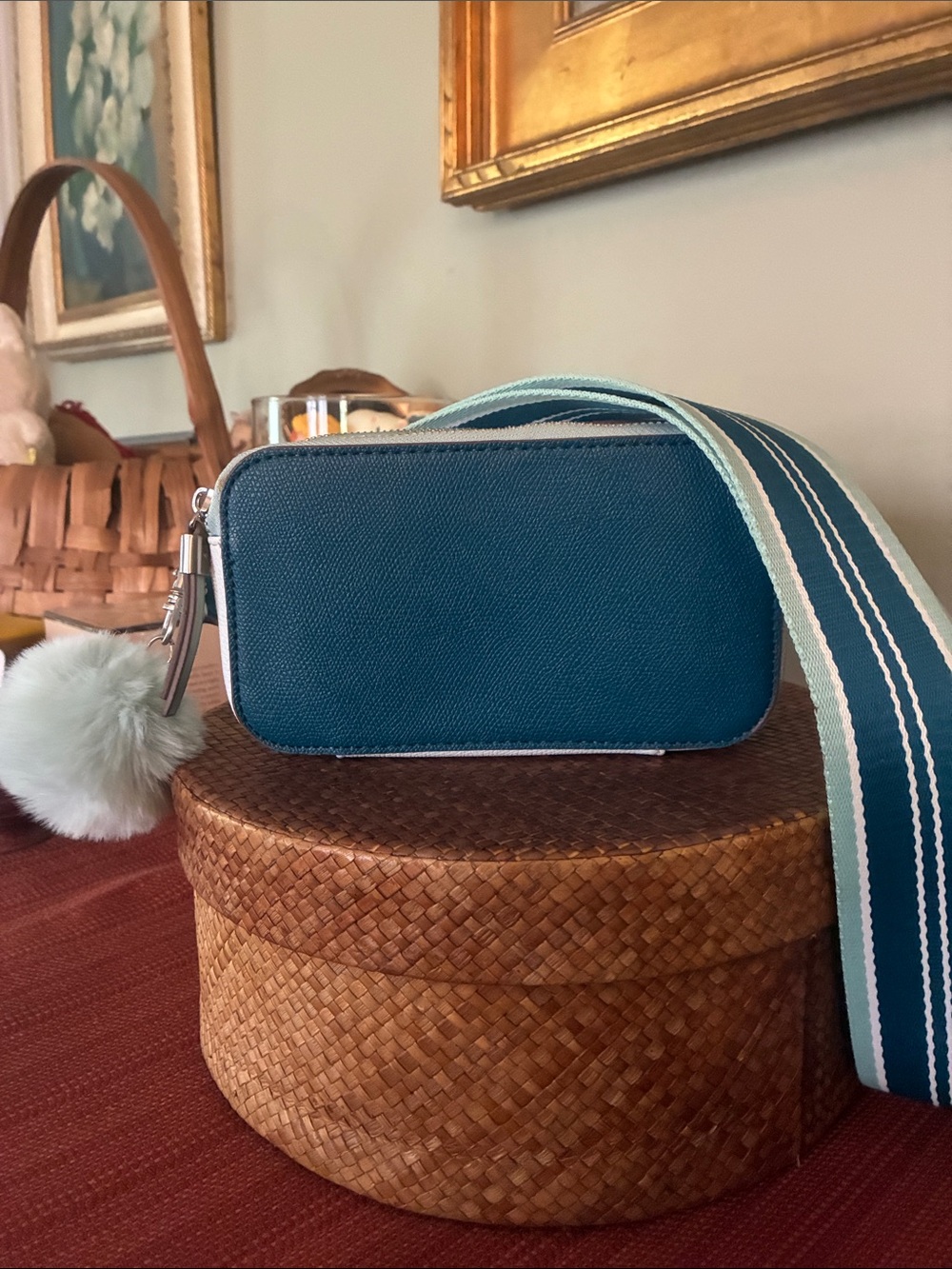 Camera Bag Teal Blue and White Color-block (Double zip) with matching strap